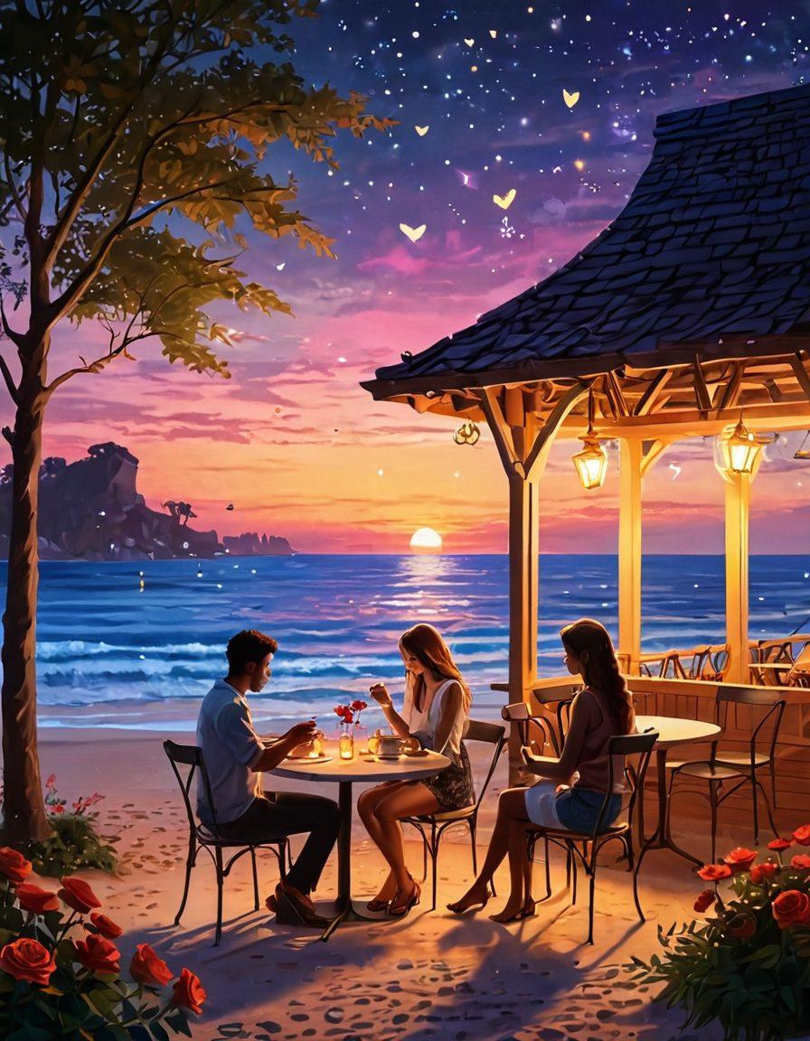A beautifully illustrated scene of diverse couples sharing intimate moments in various romantic settings, such as a sunset beach, a cozy café, and a starlit park. Include symbols of love like hearts and roses subtly woven into the background. The atmosphere should evoke warmth and connection, with soft, glowing lights to enhance the romantic feel. cartoon style. vibrant colors. dreamy ambiance.