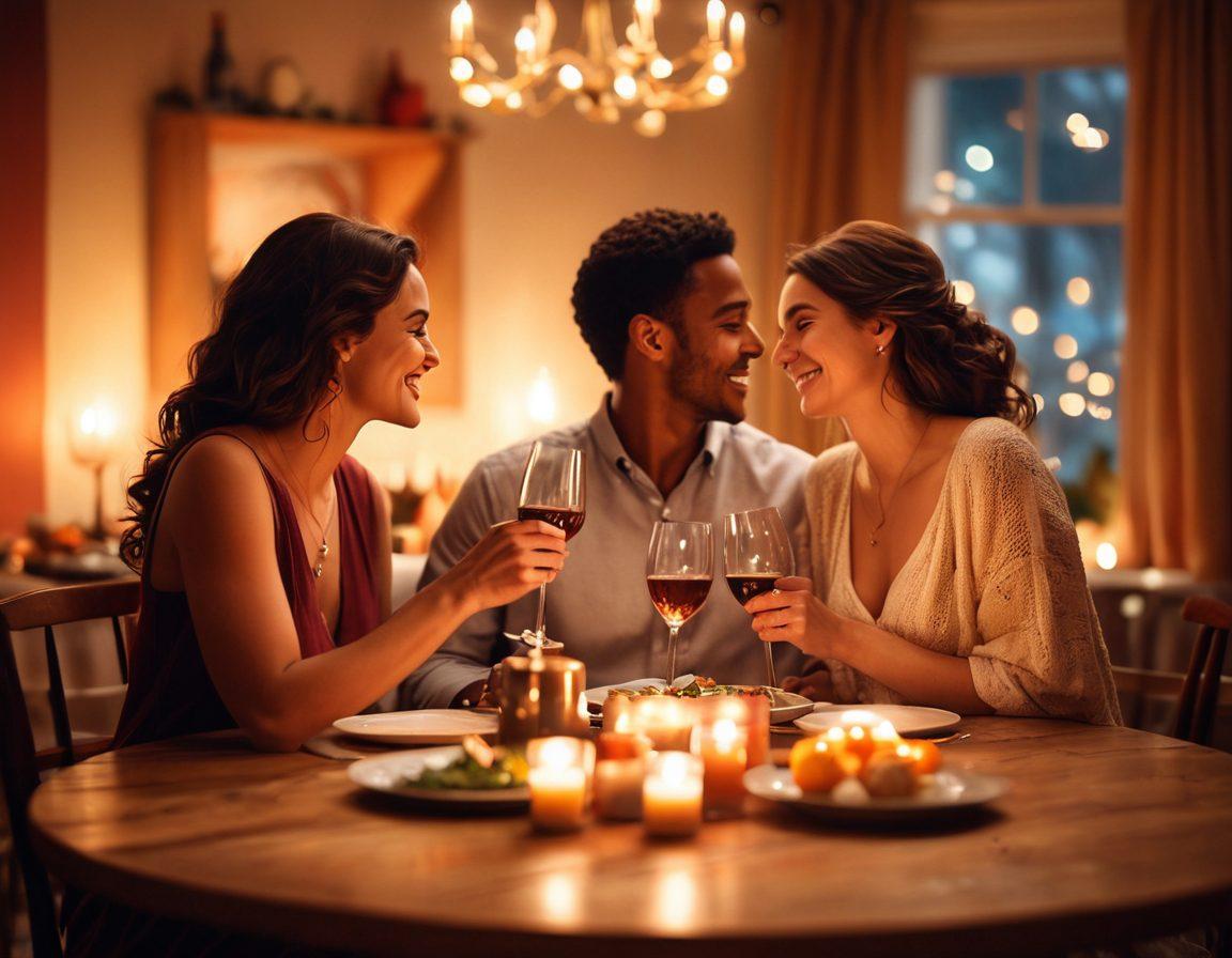 A cozy setting featuring a couple engaged in a candlelit dinner, surrounded by soft lighting and deep conversation. Include elements like a beautifully set table, a bottle of wine, and a backdrop of warm colors. Showcase moments of laughter and joy, reflecting intimacy and connection. Artistic touch with soft bokeh effects. romantic illustration. warm tones.