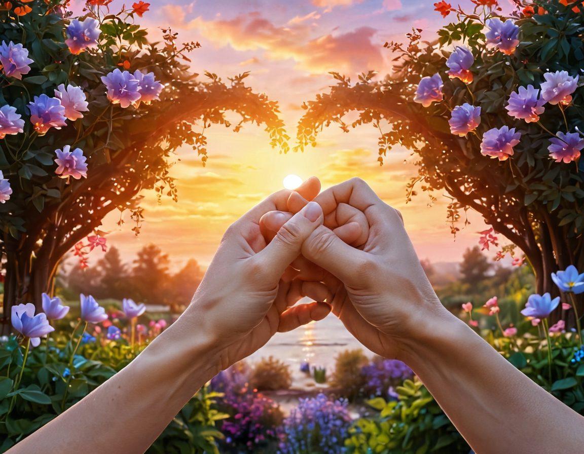 A serene scene of two hands gently intertwined, surrounded by soft glowing hearts, symbolizing deep emotional connections. In the background, a lush garden with blooming flowers, representing growth in relationships. Warm, inviting colors to evoke feelings of love and tenderness. The sky transitions from sunset orange to twilight blue, showcasing the journey of romance. super-realistic. vibrant colors.
